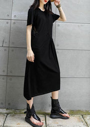 Women black cotton tunic dress hollow out Art summer Dresses - bagstylebliss