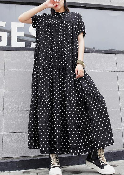 Women black dotted cotton dress stand collar Maxi summer Dress - bagstylebliss
