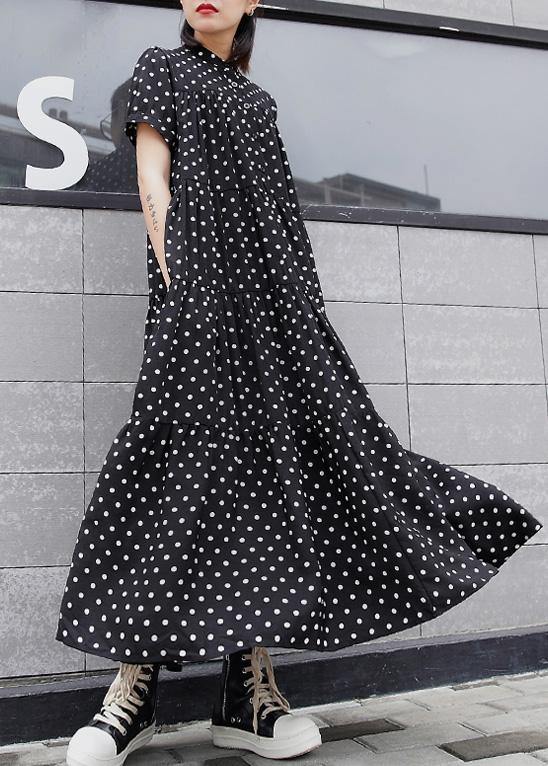 Women black dotted cotton dress stand collar Maxi summer Dress - bagstylebliss