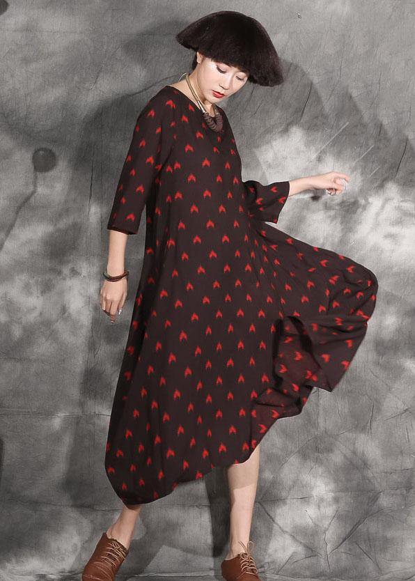 Women black dotted linen outfit bracelet sleeved A Line asymmetric hem Dress - bagstylebliss