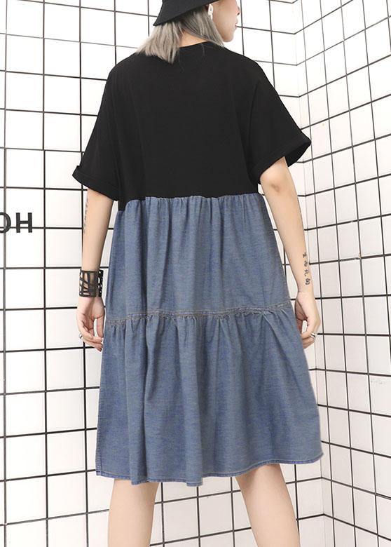 Women black high waist cotton Tunics patchwork Robe summer Dress - bagstylebliss