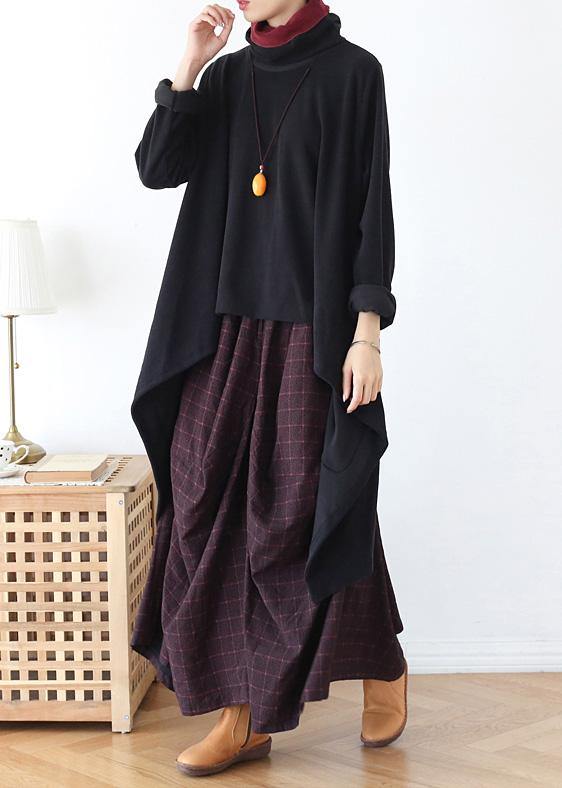 Women black knit blouse asymmetric hem oversize high neck knit tops - bagstylebliss