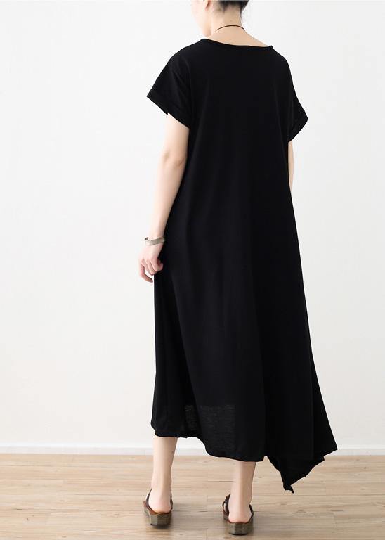 Women black linen clothes For Women asymmetric hem long summer Dress - bagstylebliss