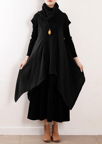 Women black linen clothes For high neck asymmetric patchwork fall Dresses - bagstylebliss