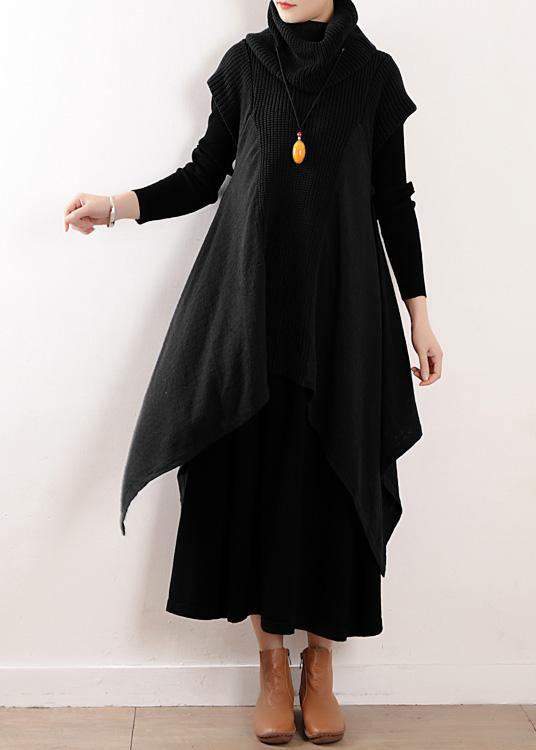 Women black linen clothes For high neck asymmetric patchwork fall Dresses - bagstylebliss