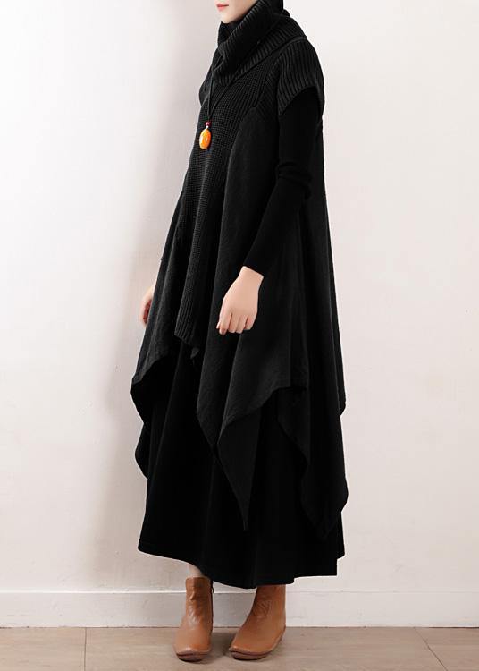 Women black linen clothes For high neck asymmetric patchwork fall Dresses - bagstylebliss