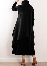 Women black linen clothes For high neck asymmetric patchwork fall Dresses - bagstylebliss