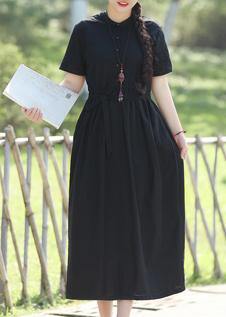 Women black linen cotton Robes 2019 Shape tie waist Maxi summer Dress - bagstylebliss