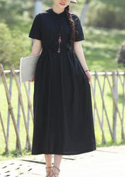 Women black linen cotton Robes 2019 Shape tie waist Maxi summer Dress - bagstylebliss