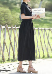 Women black linen cotton Robes 2019 Shape tie waist Maxi summer Dress - bagstylebliss