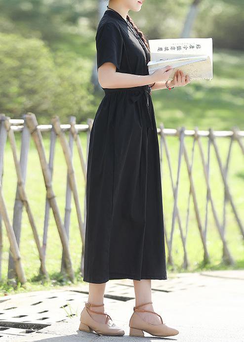 Women black linen cotton Robes 2019 Shape tie waist Maxi summer Dress - bagstylebliss