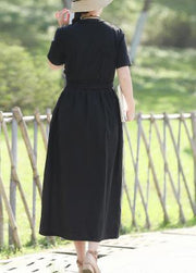 Women black linen cotton Robes 2019 Shape tie waist Maxi summer Dress - bagstylebliss