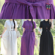 Women black linen cotton Robes 2019 Shape tie waist Maxi summer Dress - bagstylebliss