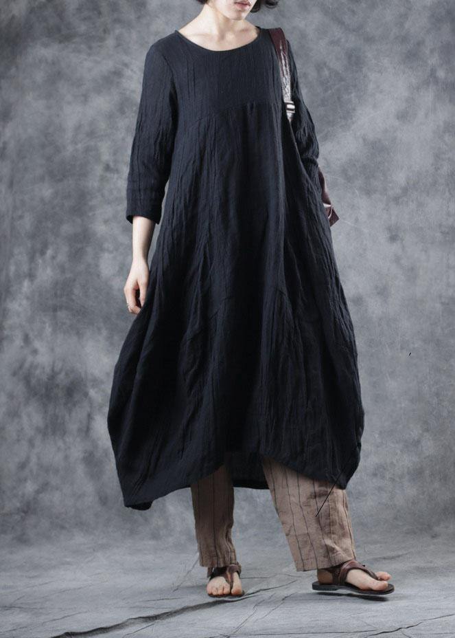 Women black linen dresses o neck Dresses fall Dresses - bagstylebliss