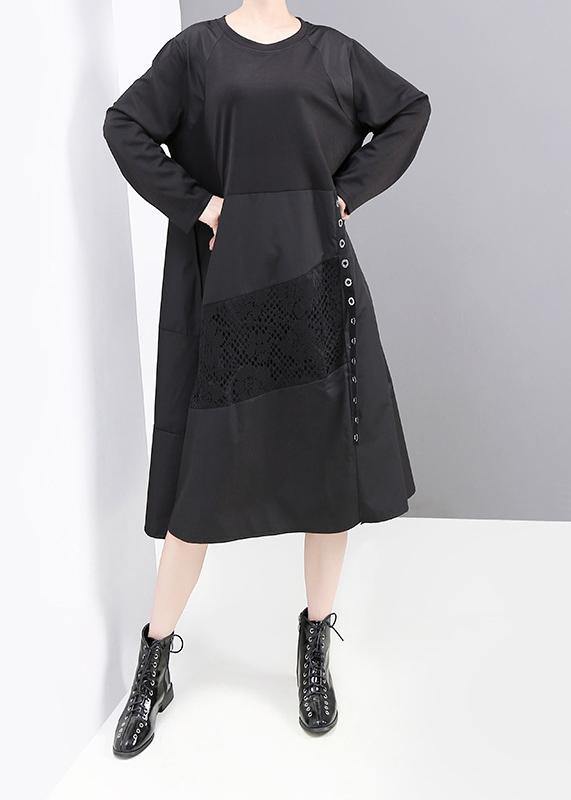 Women black patchwork cotton quilting dresses long sleeve Robe o neck Dresses - bagstylebliss