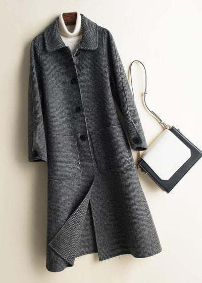 Women black plaid Fine tunic Woolen CoatsWork Peter pan Collar Button Down women Woolen Coats - bagstylebliss