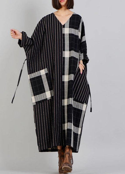 Women black plaid cotton dress v neck patchwork Large pockets fall Dresses - bagstylebliss