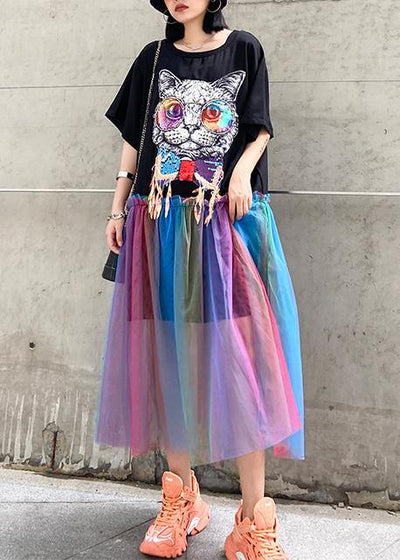 Women black print cotton dresses patchwork tulle A Line Dresses - bagstylebliss