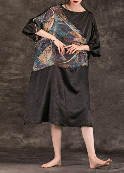 Women black print cotton quilting dresses Slash neck summer Dresses - bagstylebliss