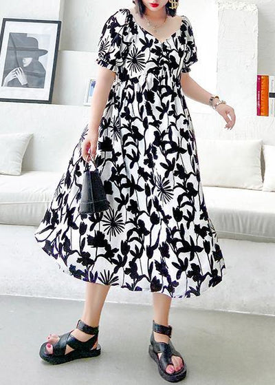 Women black print dresses v neck Cinched A Line Dress - bagstylebliss