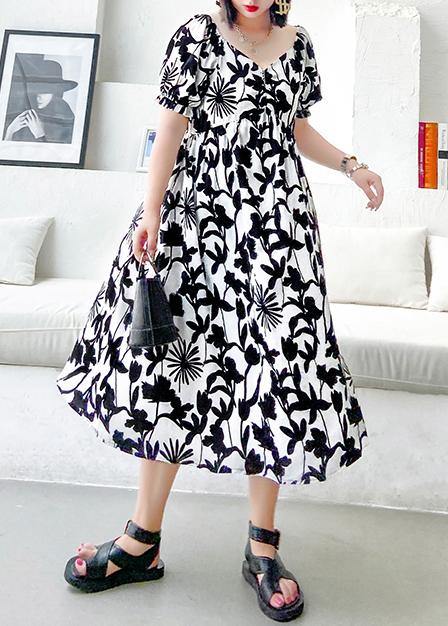 Women black print dresses v neck Cinched A Line Dress - bagstylebliss