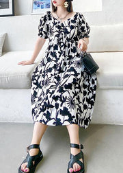 Women black print dresses v neck Cinched A Line Dress - bagstylebliss