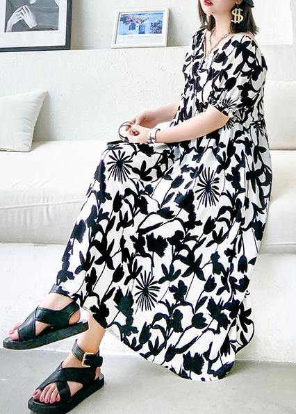 Women black print dresses v neck Cinched A Line Dress - bagstylebliss