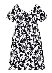 Women black print dresses v neck Cinched A Line Dress - bagstylebliss