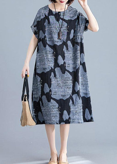 Women black print linen cotton tunics for women striped o neck Midi summer Dress - bagstylebliss