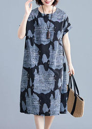 Women black print linen cotton tunics for women striped o neck Midi summer Dress - bagstylebliss