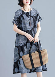 Women black print linen cotton tunics for women striped o neck Midi summer Dress - bagstylebliss