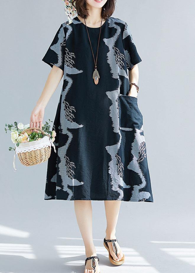 Women black prints cotton quilting clothes big pockets Plus Size  summer Dress - bagstylebliss