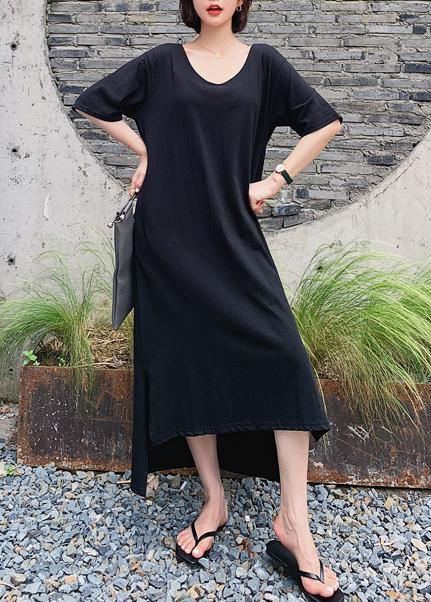 Women black quilting clothes o neck low high design Maxi Dresses - bagstylebliss