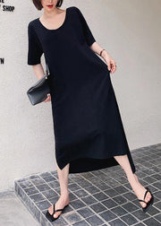 Women black quilting clothes o neck low high design Maxi Dresses - bagstylebliss