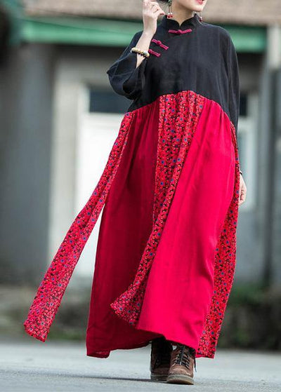 Women black red patchwork linen cotton clothes stand collar baggy Dresses summer Dresses - bagstylebliss