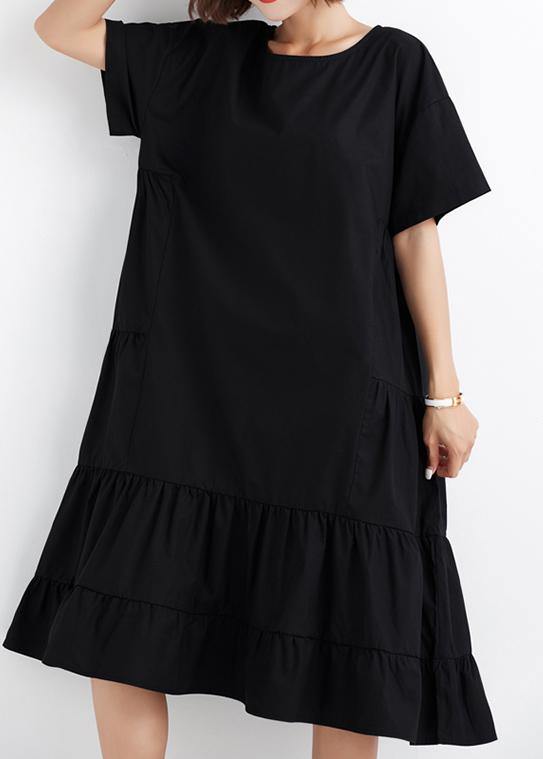 Women black ruffles cotton Wardrobes short sleeve cotton Dresses - bagstylebliss