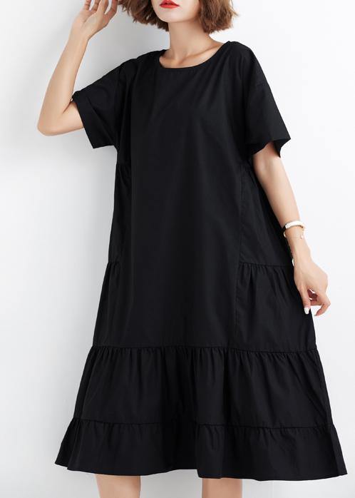 Women black ruffles cotton Wardrobes short sleeve cotton Dresses - bagstylebliss