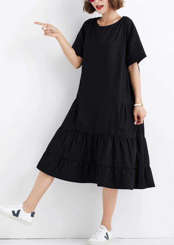 Women black ruffles cotton Wardrobes short sleeve cotton Dresses - bagstylebliss