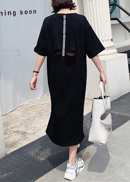 Women black side open cotton tunics for women back hollow out cotton robes summer Dress - bagstylebliss