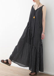 Women black striped chiffon clothes Boho Outfits Spaghetti Strap asymmetric Robe Summer Dresses - bagstylebliss