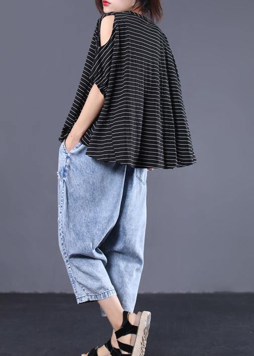 Women black striped cotton clothes off the shoulder Plus Size Clothing summer top - bagstylebliss