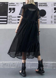 Women black tulle tunic top short sleeve Robe summer Dress - bagstylebliss