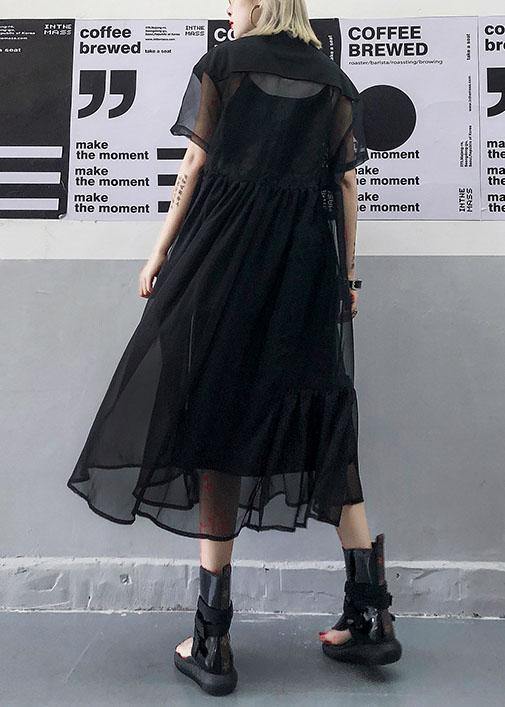 Women black tulle tunic top short sleeve Robe summer Dress - bagstylebliss
