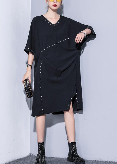 Women black v neck Cotton quilting clothes Rivet summer Dresses - bagstylebliss