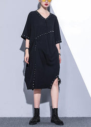 Women black v neck Cotton quilting clothes Rivet summer Dresses - bagstylebliss