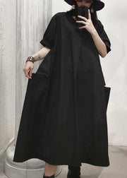 Women black v neck cotton Tunics big pockets Maxi summer Dresses - bagstylebliss