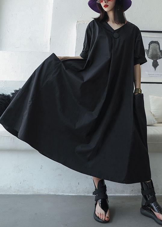 Women black v neck cotton Tunics big pockets Maxi summer Dresses - bagstylebliss