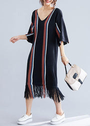 Women black v neck cotton tunics for women tassel Traveling summer Dress - bagstylebliss