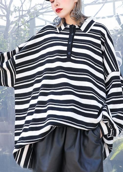 Women black white striped knit tops plus size clothing lapel baggy knit sweat tops - bagstylebliss