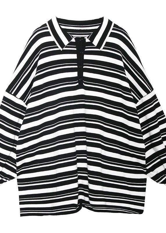 Women black white striped knit tops plus size clothing lapel baggy knit sweat tops - bagstylebliss